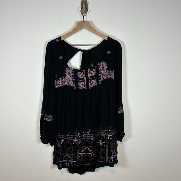 Free People Rhiannon Embroidered Babydoll Mini Dress Small Black Multi Size M - Picture 2 of 9